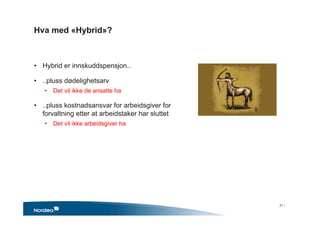 Hva med «Hybrid»?
• Hybrid er innskuddspensjon..
• ..pluss dødelighetsarv
• Det vil ikke de ansatte ha
• ..pluss kostnadsansvar for arbeidsgiver for
forvaltning etter at arbeidstaker har sluttet
• Det vil ikke arbeidsgiver ha
21 •
 