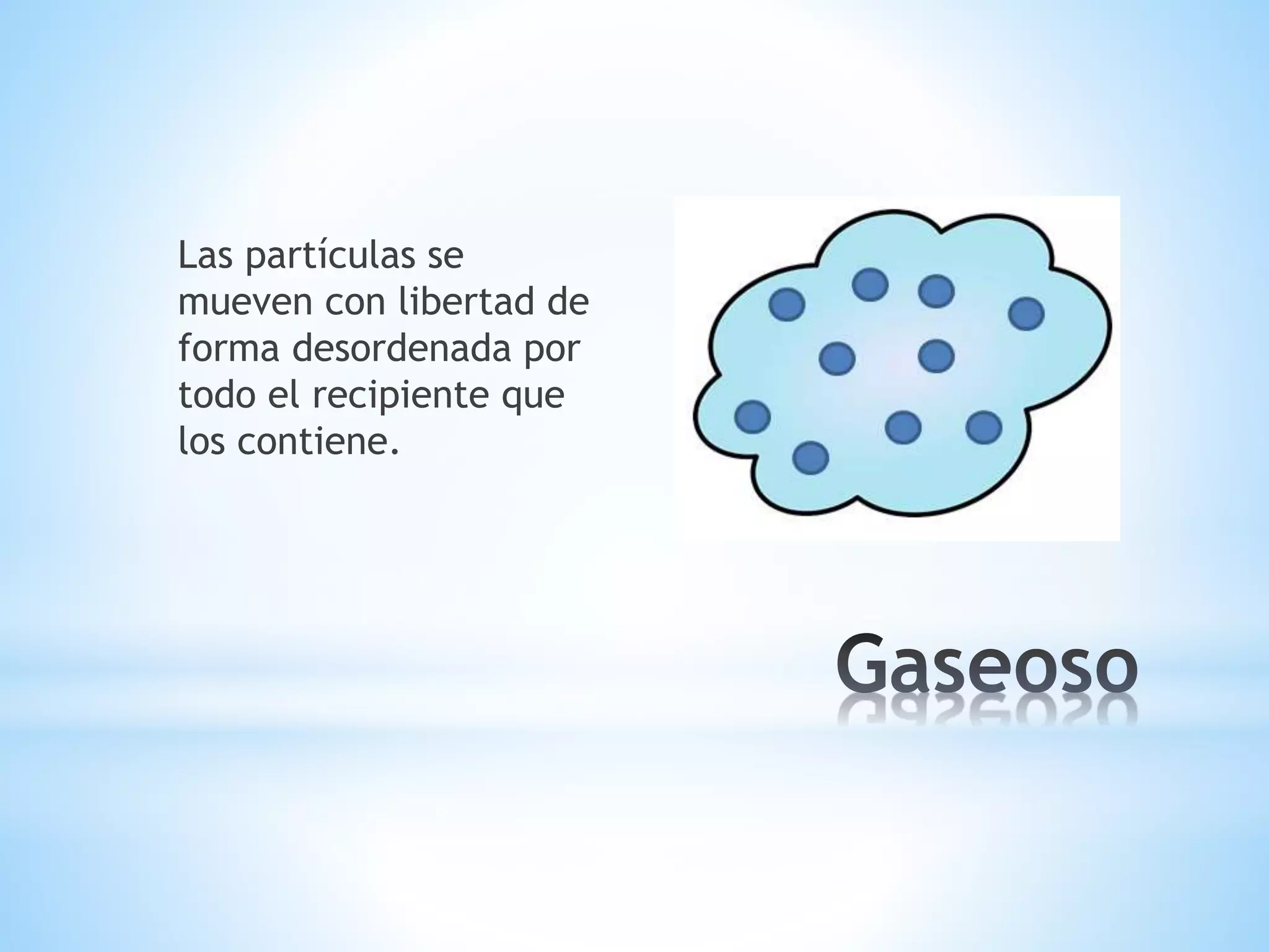 Las partículas se
mueven con libertad de
forma desordenada por
todo el recipiente que
los contiene.