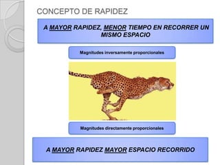 CONCEPTO DE RAPIDEZ  DISTANCIA RECORRIDARAPIDEZ = -----------------------------------  TIEMPO EMPLEADOx   v = -------------   tLa rapidez (v) expresa la distancia que el móvil recorre en cada unidad de tiempo.
