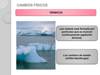 CAMBIOS FÍSICOSTÉRMICOSLas materia está formada porpartículas que se mueven continuamente (agitación térmica).Los cambios de estado(sólido-líquido-gas)