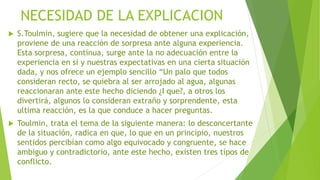 NECESIDAD DE LA EXPLICACION
 S.Toulmin, sugiere que la necesidad de obtener una explicación,
proviene de una reacción de sorpresa ante alguna experiencia.
Esta sorpresa, continua, surge ante la no adecuación entre la
experiencia en si y nuestras expectativas en una cierta situación
dada, y nos ofrece un ejemplo sencillo “Un palo que todos
consideran recto, se quiebra al ser arrojado al agua, algunas
reaccionaran ante este hecho diciendo ¿I que?, a otros los
divertirá, algunos lo consideran extraño y sorprendente, esta
ultima reacción, es la que conduce a hacer preguntas.
 Toulmin, trata el tema de la siguiente manera: lo desconcertante
de la situación, radica en que, lo que en un principio, nuestros
sentidos percibían como algo equivocado y congruente, se hace
ambiguo y contradictorio, ante este hecho, existen tres tipos de
conflicto.
 