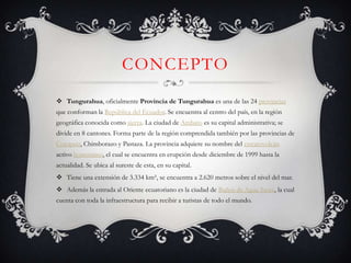 CONCEPTO
 Tungurahua, oficialmente Provincia de Tungurahua es una de las 24 provincias
que conforman la República del Ecuador. Se encuentra al centro del país, en la región
geográfica conocida como sierra. La ciudad de Ambato es su capital administrativa; se
divide en 8 cantones. Forma parte de la región comprendida también por las provincias de
Cotopaxi, Chimborazo y Pastaza. La provincia adquiere su nombre del estratovolcán
activo homónimo, el cual se encuentra en erupción desde diciembre de 1999 hasta la
actualidad. Se ubica al sureste de esta, en su capital.
 Tiene una extensión de 3.334 km², se encuentra a 2.620 metros sobre el nivel del mar.
 Además la entrada al Oriente ecuatoriano es la ciudad de Baños de Agua Santa, la cual
cuenta con toda la infraestructura para recibir a turistas de todo el mundo.
 