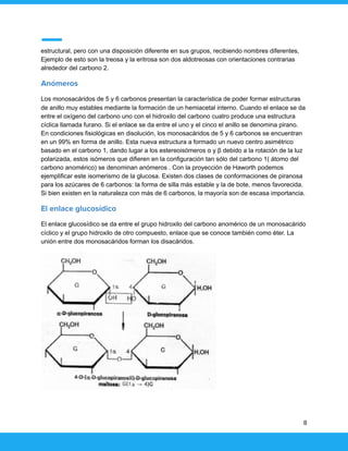 estructural, pero con una disposición diferente en sus grupos, recibiendo nombres diferentes,
Ejemplo de esto son la treosa y la eritrosa son dos aldotreosas con orientaciones contrarias
alrededor del carbono 2.
Anómeros
Los monosacáridos de 5 y 6 carbonos presentan la característica de poder formar estructuras
de anillo muy estables mediante la formación de un hemiacetal interno. Cuando el enlace se da
entre el oxígeno del carbono uno con el hidroxilo del carbono cuatro produce una estructura
cíclica llamada furano. Si el enlace se da entre el uno y el cinco el anillo se denomina pirano.
En condiciones fisiológicas en disolución, los monosacáridos de 5 y 6 carbonos se encuentran
en un 99% en forma de anillo. Esta nueva estructura a formado un nuevo centro asimétrico
basado en el carbono 1, dando lugar a los estereoisómeros α y β debido a la rotación de la luz
polarizada, estos isómeros que difieren en la configuración tan sólo del carbono 1( átomo del
carbono anomérico) se denominan anómeros . Con la proyección de Haworth podemos
ejemplificar este isomerismo de la glucosa. Existen dos clases de conformaciones de piranosa
para los azúcares de 6 carbonos: la forma de silla más estable y la de bote, menos favorecida.
Si bien existen en la naturaleza con más de 6 carbonos, la mayoría son de escasa importancia.
El enlace glucosídico
El enlace glucosídico se da entre el grupo hidroxilo del carbono anomérico de un monosacárido
cíclico y el grupo hidroxilo de otro compuesto, enlace que se conoce también como éter. La
unión entre dos monosacáridos forman los disacáridos.
8
 