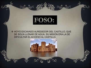  HOYO EXCAVADO ALREDEDOR DEL CASTILLO, QUE
SE SOLÍA LLENAR DE AGUA. SU MISIÓN ERA LA DE
DIFICULTAR EL ACCESO AL CASTILLO.
 