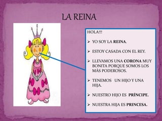 HOLA!!!
 YO SOY LA REINA.
 ESTOY CASADA CON EL REY.
 LLEVAMOS UNA CORONA MUY
BONITA PORQUE SOMOS LOS
MÁS PODEROSOS.
 TENEMOS UN HIJO Y UNA
HIJA.
 NUESTRO HIJO ES PRÍNCIPE.
 NUESTRA HIJA ES PRINCESA.
LA REINA
 