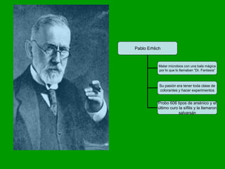 Pablo Erhlich


            Matar microbios con una bala mágica
            por lo que lo llamaban “Dr. Fantasía”



            Su pasión era tener toda clase de
            colorantes y hacer experimentos


           Probo 606 tipos de arsénico y el
           último curo la sífilis y la llamaron
                       salvarsán
 