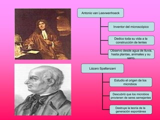 Antonio van Leevwenhoeck



                    Inventor del microscópico


                     Dedico toda su vida a la
                      construcción de lentes

                  Observo desde agua de lluvia,
                  hasta plantas, animales y su
                             sarro.


    Lázaro Spallanzani


                    Estudio el origen de los
                          microbios


                   Descubrió que los microbios
                  provienen de seres semejantes


                     Destruye la teoría de la
                     generación espontánea
 
