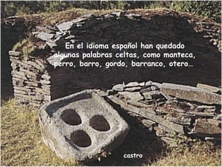 castro
En el idioma español han quedado
algunas palabras celtas, como manteca,
perro, barro, gordo, barranco, otero…
 