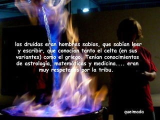 queimada
los druidas eran hombres sabios, que sabían leer
y escribir, que conocían tanto el celta (en sus
variantes) como el griego. Tenían conocimientos
de astrología, matemáticas y medicina.... eran
muy respetados por la tribu.
 