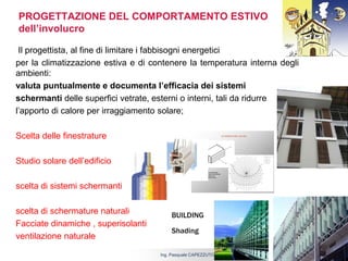 5 aprile 2017Ing. Pasquale CAPEZZUTO
PROGETTAZIONE DEL COMPORTAMENTO ESTIVO
dell’involucro
Il progettista, al fine di limitare i fabbisogni energetici
per la climatizzazione estiva e di contenere la temperatura interna degli
ambienti:
valuta puntualmente e documenta l’efficacia dei sistemi
schermanti delle superfici vetrate, esterni o interni, tali da ridurre
l’apporto di calore per irraggiamento solare;
Scelta delle finestrature
Studio solare dell’edificio
scelta di sistemi schermanti
scelta di schermature naturali
Facciate dinamiche , superisolanti
ventilazione naturale
BUILDING
Shading
 