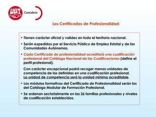 Tienen carácter oficial y validez en todo el territorio nacional. Serán expedidos por el Servicio Público de Empleo Estatal y de las  Comunidades Autónomas. Cada Certificado de profesionalidad acreditará una cualificación  profesional del Catálogo Nacional de las Cualificaciones  (define el  perfil profesional). Con carácter excepcional podrá recoger menos unidades de  competencia de las definidas en una cualificación profesional. La unidad de competencia será la unidad mínima acreditable . Los módulos formativos del Certificado de Profesionalidad serán los  del Catálogo Modular de Formación Profesional. Se ordenan sectorialmente en las 26 familias profesionales y niveles  de cualificación establecidos. Los Certificados de Profesionalidad: 