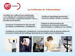 Los Certificados de  Profesionalidad: Acreditan las cualificaciones profesionales  y las unidades de competencia (adquiridas  por vía formativa, experiencia laboral o vías no formales de formación). Facilitan el aprendizaje permanente:  Formación abierta, flexible y modular. Favorecen la transparencia del mercado de trabajo a empleadores y trabajadores. Ordenan la oferta formativa del  Subsistema de Formación Profesional  para el Empleo y contribuyen a su calidad. Contribuyen a la integración, transferencia y reconocimiento entre las diversas ofertas de Formación Profesional del Catálogo Nacional de las Cualificaciones Profesionales. 