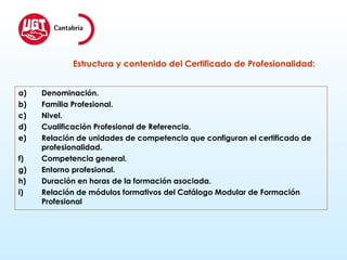 Denominación. Familia Profesional. Nivel. Cualificación Profesional de Referencia. Relación de unidades de competencia que configuran el certificado de profesionalidad. Competencia general. Entorno profesional. Duración en horas de la formación asociada. Relación de módulos formativos del Catálogo Modular de Formación Profesional Estructura y contenido del Certificado de Profesionalidad:  
