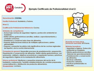Denominación:  COCINA. Familia Profesional:   Hostelería y Turismo. Nivel:  2. Cualificación Profesional de Referencia:  Cocina. Unidades de competencia: -  Actuar bajo normas de seguridad, higiene y protección ambiental en  hostelería. - Definir ofertas gastronómicas sencillas, realizar y aprovisionamiento y controlar consumos. - Preelaborar y conservar toda clase de alimentos. - Preparar elaboraciones básicas de múltiples aplicaciones y platos elementales. - Preparar y presentar los platos más significativos de las cocinas regionales de España y de la cocina internacional. Competencia general:   Desarrollar procesos de preelaboración, preparación,  Presentación y conservación de alimentos. Definir ofertas gastronómicas, con  autonomía, calidad y objetivos económicos y respetando normas y prácticas de seguridad e higiene en la manipulación alimentaria. Entorno profesional:  Medianas y pequeñas empresas del sector de la hostelería y restauración. También establecimientos de comidas preparadas, comercialización y distribución de productos alimentarios. Ocupaciones :  cocinero. Ejemplo Certificado de Profesionalidad nivel 2: Duración en horas de la formación asociada:   810 horas. Módulos formativos: Seguridad e higiene. Protección ambiental en hostelería. Ofertas gastronómicas sencillas Sistemas de aprovisionamiento. Preelaboración y conservación de alimentos. Técnicas culinarias. Productos culinarios. Prácticas profesionales no  laborales. 