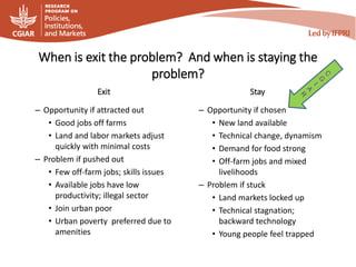 When is exit the problem? And when is staying the
problem?
Exit
– Opportunity if attracted out
• Good jobs off farms
• Land and labor markets adjust
quickly with minimal costs
– Problem if pushed out
• Few off-farm jobs; skills issues
• Available jobs have low
productivity; illegal sector
• Join urban poor
• Urban poverty preferred due to
amenities
Stay
– Opportunity if chosen
• New land available
• Technical change, dynamism
• Demand for food strong
• Off-farm jobs and mixed
livelihoods
– Problem if stuck
• Land markets locked up
• Technical stagnation;
backward technology
• Young people feel trapped
 