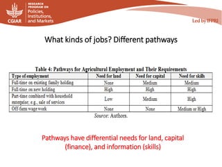 What kinds of jobs? Different pathways
Pathways have differential needs for land, capital
(finance), and information (skills)
 
