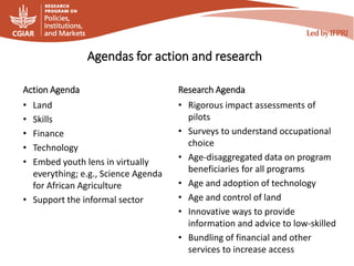 Agendas for action and research
Action Agenda
• Land
• Skills
• Finance
• Technology
• Embed youth lens in virtually
everything; e.g., Science Agenda
for African Agriculture
• Support the informal sector
Research Agenda
• Rigorous impact assessments of
pilots
• Surveys to understand occupational
choice
• Age-disaggregated data on program
beneficiaries for all programs
• Age and adoption of technology
• Age and control of land
• Innovative ways to provide
information and advice to low-skilled
• Bundling of financial and other
services to increase access
 