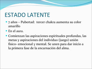 ESTADO LATENTE 7 años – Pubertad:  tercer chakra aumenta su color  amarillo  En el aura. Comienzan las aspiraciones espirituales profundas, las metas y aspiraciones del individuo (juego) unión físico- emocional y mental. Se unen para dar inicio a la primera fase de la encarnación del alma. 