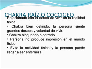 CHAKRA RAÍZ O COCCIGEO Relacionado con el deseo de vivir en la realidad física. Chakra bien definido, la persona siente grandes deseos y voluntad de vivir. Chakra bloqueado o cerrado. Persona no produce impresión en el mundo físico. Evite la actividad física y la persona puede llegar a ser enfermiza. 