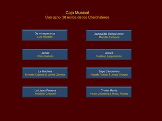 Caja Musical
Con ocho (8) éxitos de los Chalchaleros

De mi esperanza
Luis Morales

Zamba del Tiempo Amor
Marcelo Ferreyra

Jamás
Chito Galindo

Lloraré
Gustavo Leguizamón

La Nochera
Ernesto Cabeza & Jaime Dávalos

Sapo Cancionero
Nicolás Toledo & Jorge Chagra

La López Pereyra
Artidorio Cresceri

Zamba del Grillo
Atahualpa Yupanqui

 