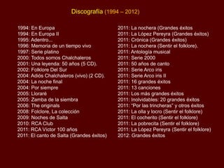 Discografía (1994 – 2012)
1994: En Europa
1994: En Europa II
1995: Adentro...
1996: Memoria de un tiempo vivo
1997: Serie platino
2000: Todos somos Chalchaleros
2001: Una leyenda: 50 años (5 CD).
2002: Folklore Del Sur
2004: Adiós Chalchaleros (vivo) (2 CD).
2004: La noche final
2004: Por siempre
2005: Lloraré
2005: Zamba de la siembra
2006: The originals
2008: Folclore, La colección
2009: Noches de Salta
2010: RCA Club
2011: RCA Víctor 100 años
2011: El canto de Salta (Grandes éxitos)

2011: La nochera (Grandes éxitos
2011: La López Pereyra (Grandes éxitos)
2011: Crónica (Grandes éxitos)
2011: La nochera (Sentir el folklore).
2011: Antología musical
2011: Serie 2000
2011: 50 años de canto
2011: Serie Arco iris
2011: Serie Arco iris II
2011: 16 grandes éxitos
2011: 13 canciones
2011: Los más grandes éxitos
2011: Inolvidables: 20 grandes éxitos
2011: “Por las trincheras” y otros éxitos
2011: La olla y locro (Sentir el folklore)
2011: El cocherito (Sentir el folklore)
2011: La pobrecita (Sentir el folklore)
2011: La López Pereyra (Sentir el folklore)
2012: Grandes éxitos

 