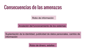 Robo de información
Anulación del funcionamiento de los sistemas
Suplantación de la identidad, publicidad de datos personales, cambio de
información
Robo de dinero, estafas
Consecuencias de las amenazas
 
