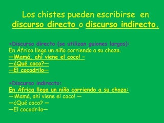 Los chistes pueden escribirse  en discurso directo o discurso indirecto.+Discurso directo (se utilizan guiones largos): En África llega un niño corriendo a su choza.—¡Mamá, ahí viene el coco! –—¿Qué coco?——El cocodrilo—+Discurso indirecto:En África llega un niño corriendo a su choza:—¡Mamá, ahí viene el coco! ——¿Qué coco? ——El cocodrilo—