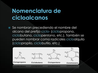 Se nombran precediendo el nombre del
alcano del prefijo ciclo- (ciclopropano,
ciclobutano, ciclopentano, etc.). También se
pueden nombrar como radicales cicloalquilo
(ciclopropilo, ciclobutilo, etc.)
 