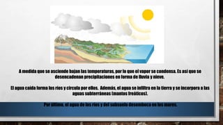 A medida que se asciende bajan las temperaturas, por lo que el vapor se condensa. Es así que se
desencadenan precipitaciones en forma de lluvia y nieve.
El agua caída forma los ríos y circula por ellos. Además, el agua se infiltra en la tierra y se incorpora a las
aguas subterráneas (mantos freáticos).
Por último, el agua de los ríos y del subsuelo desemboca en los mares.
 