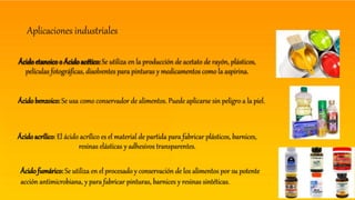 Aplicaciones industriales
Ácido etanoico o Ácidoacético: Se utiliza en la producción de acetato de rayón, plásticos,
películas fotográficas, disolventes para pinturas y medicamentos como la aspirina.
Ácidoacrílico: El ácido acrílico es el material de partida para fabricar plásticos, barnices,
resinas elásticas y adhesivos transparentes.
Ácidobenzoico: Se usa como conservador de alimentos. Puede aplicarse sin peligro a la piel.
Ácidofumárico: Se utiliza en el procesado y conservación de los alimentos por su potente
acción antimicrobiana, y para fabricar pinturas, barnices y resinas sintéticas.
 