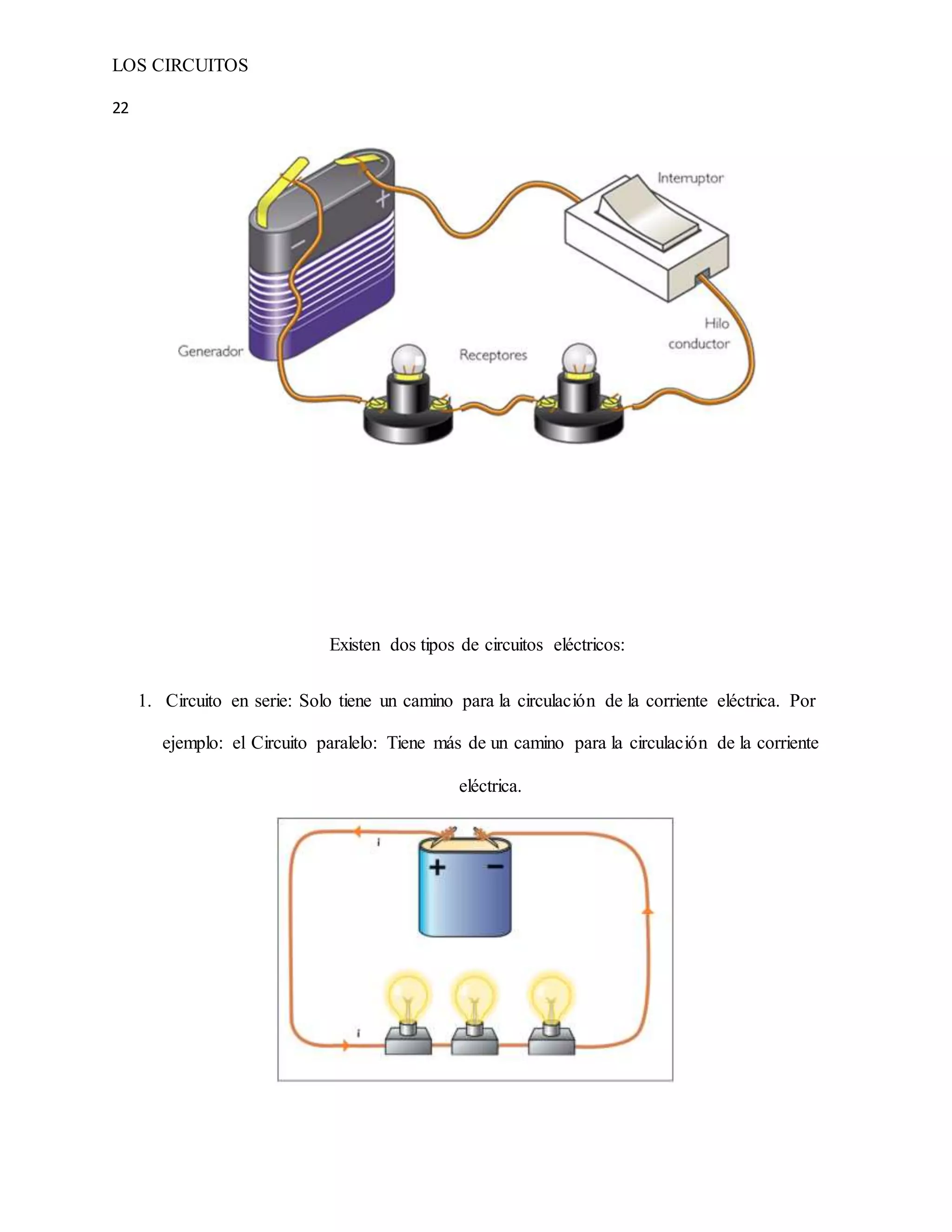 LOS CIRCUITOS
22
Existen dos tipos de circuitos eléctricos:
1. Circuito en serie: Solo tiene un camino para la circulación de la corriente eléctrica. Por
ejemplo: el Circuito paralelo: Tiene más de un camino para la circulación de la corriente
eléctrica.
 