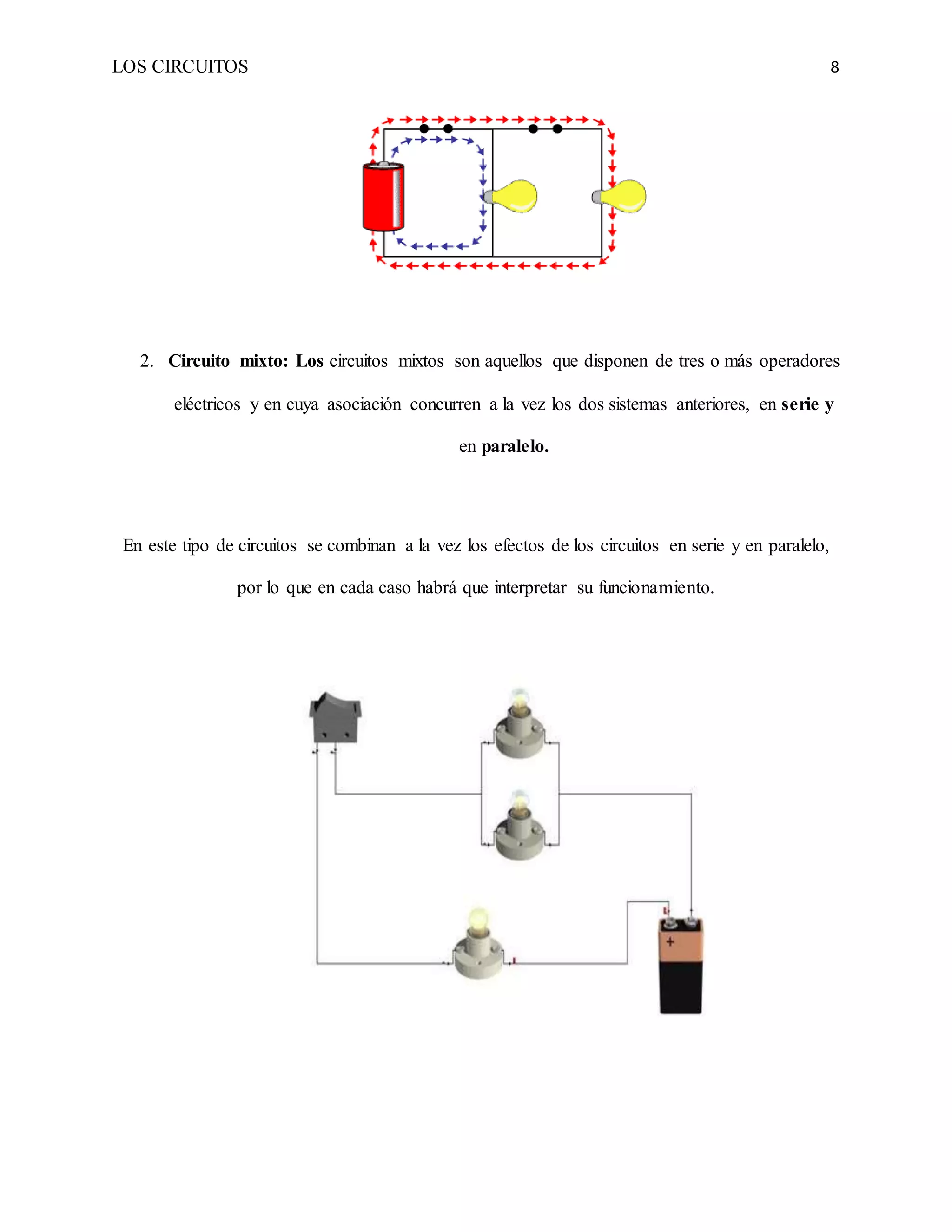 LOS CIRCUITOS 8
2. Circuito mixto: Los circuitos mixtos son aquellos que disponen de tres o más operadores
eléctricos y en cuya asociación concurren a la vez los dos sistemas anteriores, en serie y
en paralelo.
En este tipo de circuitos se combinan a la vez los efectos de los circuitos en serie y en paralelo,
por lo que en cada caso habrá que interpretar su funcionamiento.
 