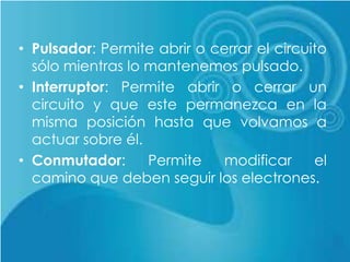 • Pulsador: Permite abrir o cerrar el circuito
sólo mientras lo mantenemos pulsado.
• Interruptor: Permite abrir o cerrar un
circuito y que este permanezca en la
misma posición hasta que volvamos a
actuar sobre él.
• Conmutador: Permite modificar el
camino que deben seguir los electrones.
 