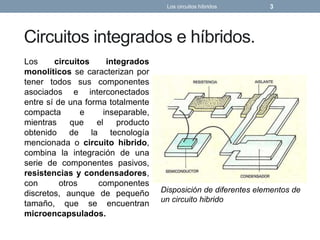 Circuitos integrados e híbridos.
Los circuitos integrados
monolíticos se caracterizan por
tener todos sus componentes
asociados e interconectados
entre sí de una forma totalmente
compacta e inseparable,
mientras que el producto
obtenido de la tecnología
mencionada o circuito híbrido,
combina la integración de una
serie de componentes pasivos,
resistencias y condensadores,
con otros componentes
discretos, aunque de pequeño
tamaño, que se encuentran
microencapsulados.
Los circuitos híbridos 3
Disposición de diferentes elementos de
un circuito hibrido
 