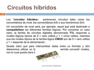 Circuitos híbridos
Los circuitos integrados
15
Los "circuitos híbridos» pertenecen circuitos tales como los
convertidores de nivel, los convertidores A/D o sus homónimos D/A.
Un convertidor de nivel será, por ejemplo, aquel que está destinado a
compatibilizar las diferentes familias lógicas. Por comentar un caso
claro, la familia de circuitos digitales denominada TTL responde a
niveles lógicos típicos de 0 = cero voltios y 1 = cinco voltios, mientras
que los niveles típicos de la familia lógica CMOS son de 0 = cero voltios
y 1 = depende de la alimentación.
Queda claro que para intercambiar datos entre un formato y otro
deberemos utilizar un tipo de chip que nos permita convertir niveles,
con lo cual queda clara la aplicación de estos.
 