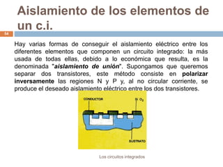 Aislamiento de los elementos de
un c.i.
Los circuitos integrados
54
Hay varias formas de conseguir el aislamiento eléctrico entre los
diferentes elementos que componen un circuito integrado: la más
usada de todas ellas, debido a lo económica que resulta, es la
denominada "aislamiento de unión". Supongamos que queremos
separar dos transistores, este método consiste en polarizar
inversamente las regiones N y P y, al no circular corriente, se
produce el deseado aislamiento eléctrico entre los dos transistores.
 
