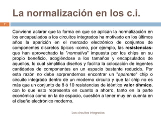 La normalización en los c.i.
Los circuitos integrados
7
Conviene aclarar que la forma en que se aplican la normalización en
los encapsulados a los circuitos integrados ha motivado en los últimos
años la aparición en el mercado electrónico de conjuntos de
componentes discretos típicos -como, por ejemplo, las resistencias-
que han aprovechado la "normativa" impuesta por los chips en su
propio beneficio, acogiéndose a los tamaños y encapsulados de
aquellos, lo cual simplifica diseños y facilita la colocación de ingentes
cantidades de componentes en un espacio bastante reducido. Por
esta razón no debe sorprendernos encontrar un "aparente" chip o
circuito integrado dentro de un moderno circuito y que tal chip no es
más que un conjunto de 8 ó 10 resistencias de idéntico valor óhmico,
con lo que esto representa en cuanto a ahorro, tanto en la parte
económica como en la de espacio, cuestión a tener muy en cuenta en
el diseño electrónico moderno.
 
