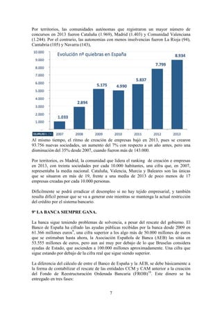 Por territorios, las comunidades autónomas que registraron un mayor número de
concursos en 2013 fueron Cataluña (1.969), Madrid (1.403) y Comunidad Valenciana
(1.244). Por el contrario, las autonomías con menos insolvencias fueron La Rioja (94),
Cantabria (105) y Navarra (143),

Al mismo tiempo, el ritmo de creación de empresas bajó en 2013, pues se crearon
93.756 nuevas sociedades, un aumento del 7% con respecto a un año antes, pero una
disminución del 35% desde 2007, cuando fueron más de 143.000.
Por territorios, es Madrid, la comunidad que lidera el ranking de creación e empresas
en 2013, con treinta sociedades por cada 10.000 habitantes, una cifra que, en 2007,
representaba la media nacional. Cataluña, Valencia, Murcia y Baleares son las únicas
que se situaron en más de 19, frente a una media de 2013 de poco menos de 17
empresas creadas por cada 10.000 personas.
Difícilmente se podrá erradicar el desempleo si no hay tejido empresarial, y también
resulta difícil pensar que se va a generar este mientras se mantenga la actual restricción
del crédito por el sistema bancario.
9º LA BANCA SIEMPRE GANA.
La banca sigue teniendo problemas de solvencia, a pesar del rescate del gobierno. El
Banco de España ha cifrado las ayudas públicas recibidas por la banca desde 2009 en
61.366 millones euros9, una cifra superior a los algo más de 50.000 millones de euros
que se estimaban hasta ahora, la Asociación Española de Banca (AEB) las sitúa en
53.555 millones de euros, pero aun así muy por debajo de lo que Bruselas considera
ayudas de Estado, que ascienden a 100.000 millones aproximadamente. Una cifra que
sigue estando por debajo de la cifra real que sigue siendo superior.
La diferencia del cálculo de entre el Banco de España y la AEB, se debe básicamente a
la forma de contabilizar el rescate de las entidades CCM y CAM anterior a la creación
del Fondo de Reestructuración Ordenada Bancaria (FROB)10. Este dinero se ha
entregado en tres fases:
7

 