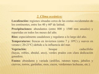 Geográficos: son los más numerosos y a los que se deben las variedades climáticas regionales. Destacan la latitud, la altitud y forma del relieve, la continentalidad , la temperatura de las corrientes marinas, las cubiertas vegetales, etc.CLIMAS CÁLIDOS:1. Clima ecuatorial o tropical lluvioso:Localización: en torno al ecuador, entre 5 y 10º N y S.