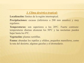 Masas de aire: situadas en la troposfera e individualizadas por su temperatura, presión y humedad.FACTORES DEL CLIMA:Son aquellos que actuando sobre los elementos determinan las variaciones climáticas. Pueden ser:Astronómicos: debido a los movimientos de la tierra y la inclinación de su eje. Provocan los cambios según las estaciones y la duración de días y noches.