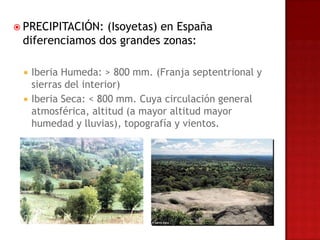  PRECIPITACIÓN:(Isoyetas) en España
 diferenciamos dos grandes zonas:

    Iberia Humeda: > 800 mm. (Franja septentrional y
     sierras del interior)
    Iberia Seca: < 800 mm. Cuya circulación general
     atmosférica, altitud (a mayor altitud mayor
     humedad y lluvias), topografía y vientos.
 