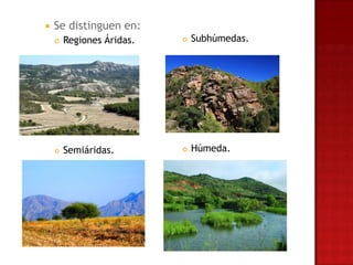    Se distinguen en:
       Regiones Áridas.      Subhúmedas.




       Semiáridas.           Húmeda.
 