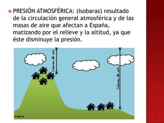  PRESIÓN  ATMOSFÉRICA: (Isobaras) resultado
 de la circulación general atmosférica y de las
 masas de aire que afectan a España,
 matizando por el relieve y la altitud, ya que
 éste disminuye la presión.
 