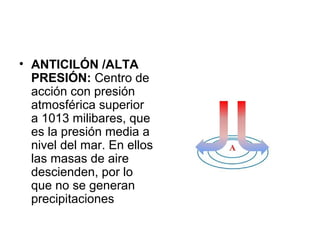 • ANTICILÓN /ALTA
PRESIÓN: Centro de
acción con presión
atmosférica superior
a 1013 milibares, que
es la presión media a
nivel del mar. En ellos
las masas de aire
descienden, por lo
que no se generan
precipitaciones

 