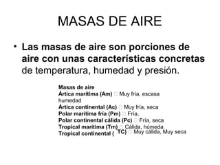 MASAS DE AIRE
• Las masas de aire son porciones de
aire con unas características concretas
de temperatura, humedad y presión.
Masas de aire
Ártica marítima (Am) 􀃎 Muy fría, escasa
humedad
Ártica continental (Ac) 􀃎 Muy fría, seca
Polar marítima fría (Pm) 􀃎 Fría,
Polar continental cálida (Pc) 􀃎 Fría, seca
Tropical marítima (Tm) 􀃎 Cálida, húmeda
Tropical continental ( TC) 􀃎 Muy cálida, Muy seca

 