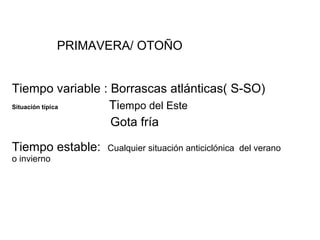 PRIMAVERA/ OTOÑO
Tiempo variable : Borrascas atlánticas( S-SO)
Situación típica
Tiempo del Este
Gota fría
Tiempo estable:
o invierno

Cualquier situación anticiclónica del verano

 