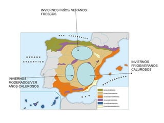 INVIERNOS FRÍOS/ VERANOS
FRESCOS

INVIERNOS
FRÍOS/VERANOS
CALUROSOS
INVIERNOS
MODERADOS/VER
ANOS CALUROSOS

 
