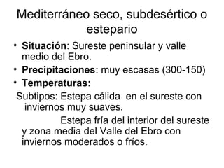 Mediterráneo seco, subdesértico o
estepario
• Situación: Sureste peninsular y valle
medio del Ebro.
• Precipitaciones: muy escasas (300-150)
• Temperaturas:
Subtipos: Estepa cálida en el sureste con
inviernos muy suaves.
Estepa fría del interior del sureste
y zona media del Valle del Ebro con
inviernos moderados o fríos.

 