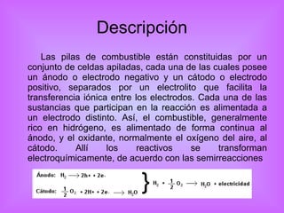 Descripción Las pilas de combustible están constituidas por un conjunto de celdas apiladas, cada una de las cuales posee un ánodo o electrodo negativo y un cátodo o electrodo positivo, separados por un electrolito que facilita la transferencia iónica entre los electrodos. Cada una de las sustancias que participan en la reacción es alimentada a un electrodo distinto. Así, el combustible, generalmente rico en hidrógeno, es alimentado de forma continua al ánodo, y el oxidante, normalmente el oxígeno del aire, al cátodo. Allí los reactivos se transforman electroquímicamente, de acuerdo con las semirreacciones 