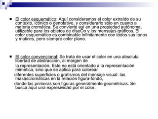 El color esquemático : Aquí consideramos el color extraído de su contexto, icónico o denotativo, y considerarlo sólo en cuanto a materia cromática. Se convierte así en una propiedad autónoma, utilizable para los objetos de diseño y los mensajes gráficos. El color esquemático es combinable infinitamente con todos sus tonos y matices, pero siempre color plano. El color convencional : Se trata de usar el color en una absoluta libertad de abstracción, al margen de la representación. Este no está orientado a la representación mimética, sino que se aplica para colorear diferentes superficies o grafismos del mensaje visual: las masascromáticas en la relación figura-fondo, donde las primeras son figuras generalmente geométricas. Se busca aquí una expresividad por el color. 